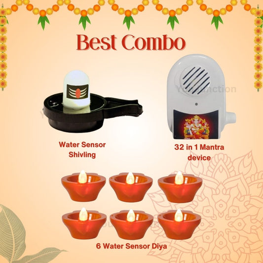 32 in 1 Mantra Chanting Device with Water Sensor Glowing Shivling and Water Sensor Diyas (6,12,24,36) Combo