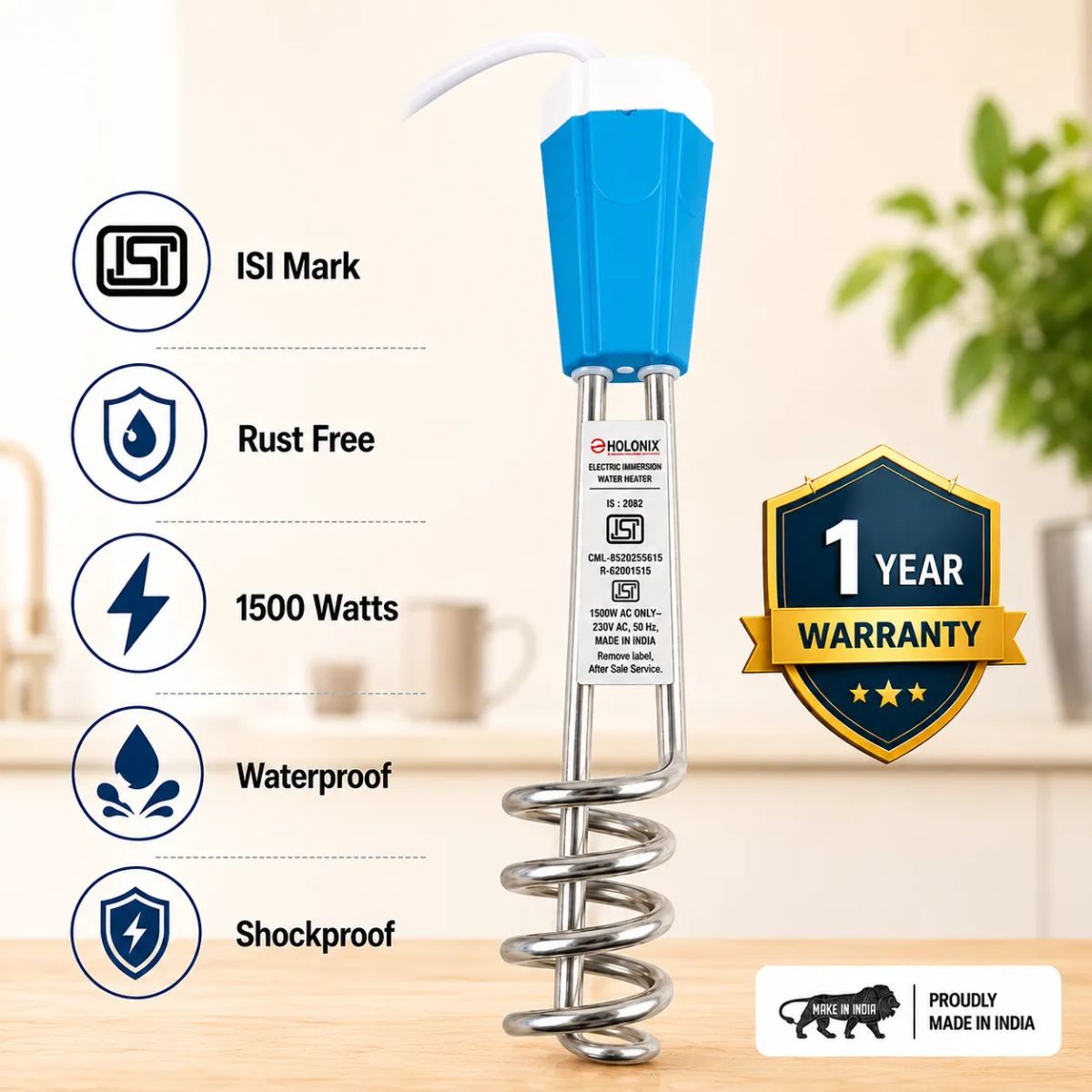 Holonix 1500W Immersion Rod | Electric Water Heater | Waterproof | Fast Heating Element | 1 Year Warranty