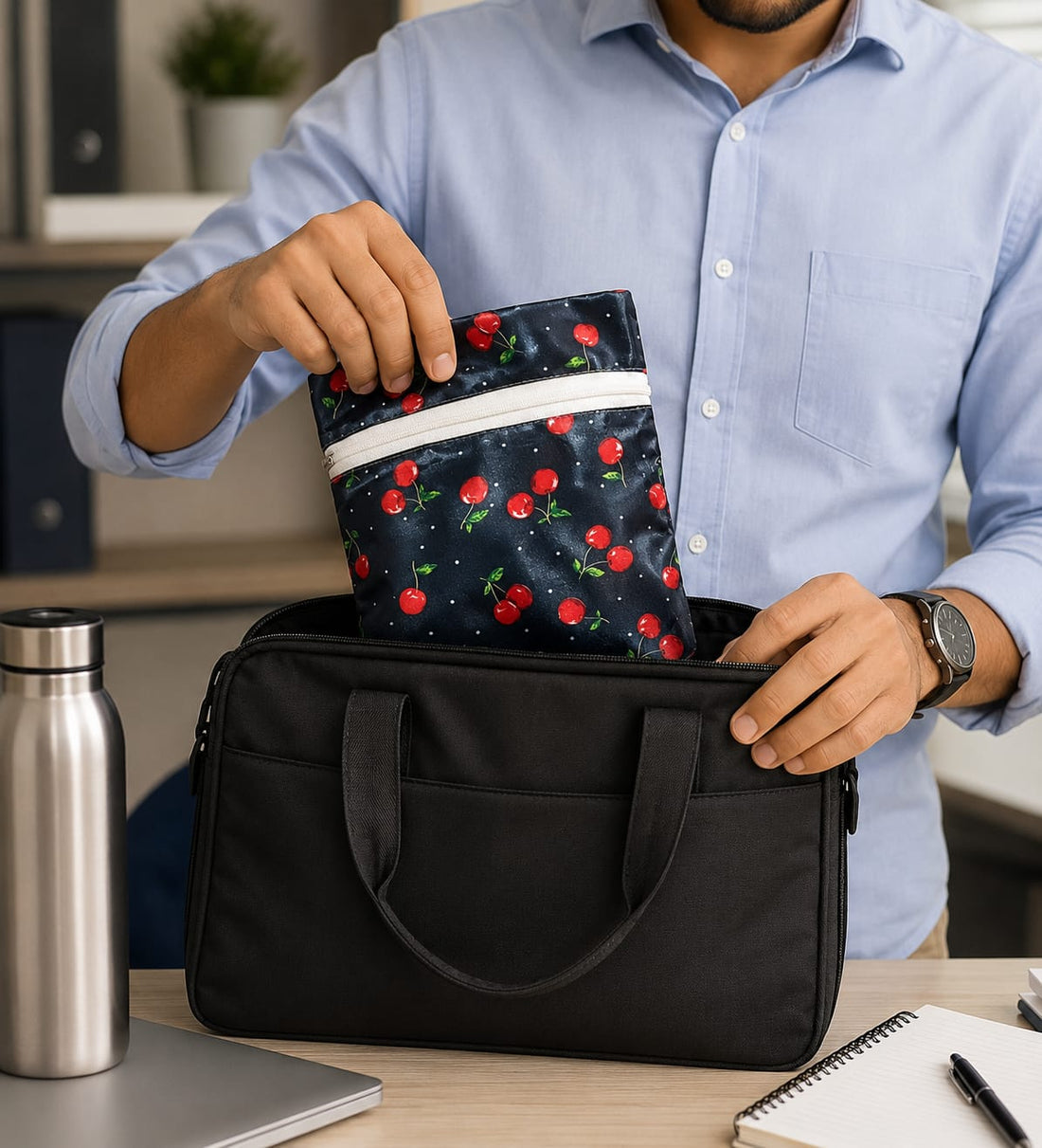 Big Thermal Lunch Pouch | Cotton Insulated Tiffin Cover Bag for Office & School | Random Print