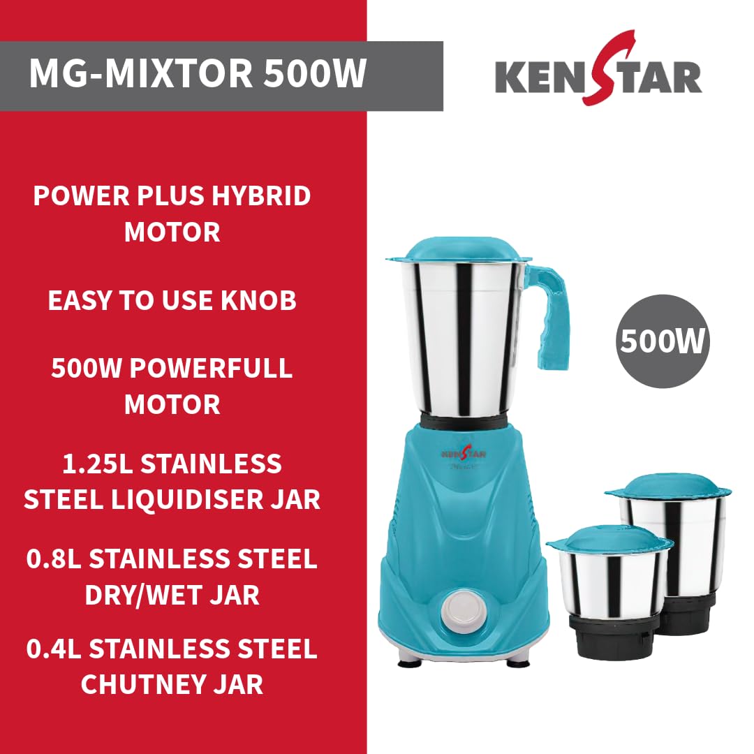 Kenstar Mixtor 500W Mixer Grinder | 3 Stainless Steel Jars | Turbo Hybrid Motor | SS Ultima Blades | Green | 2 Years Motor Warranty