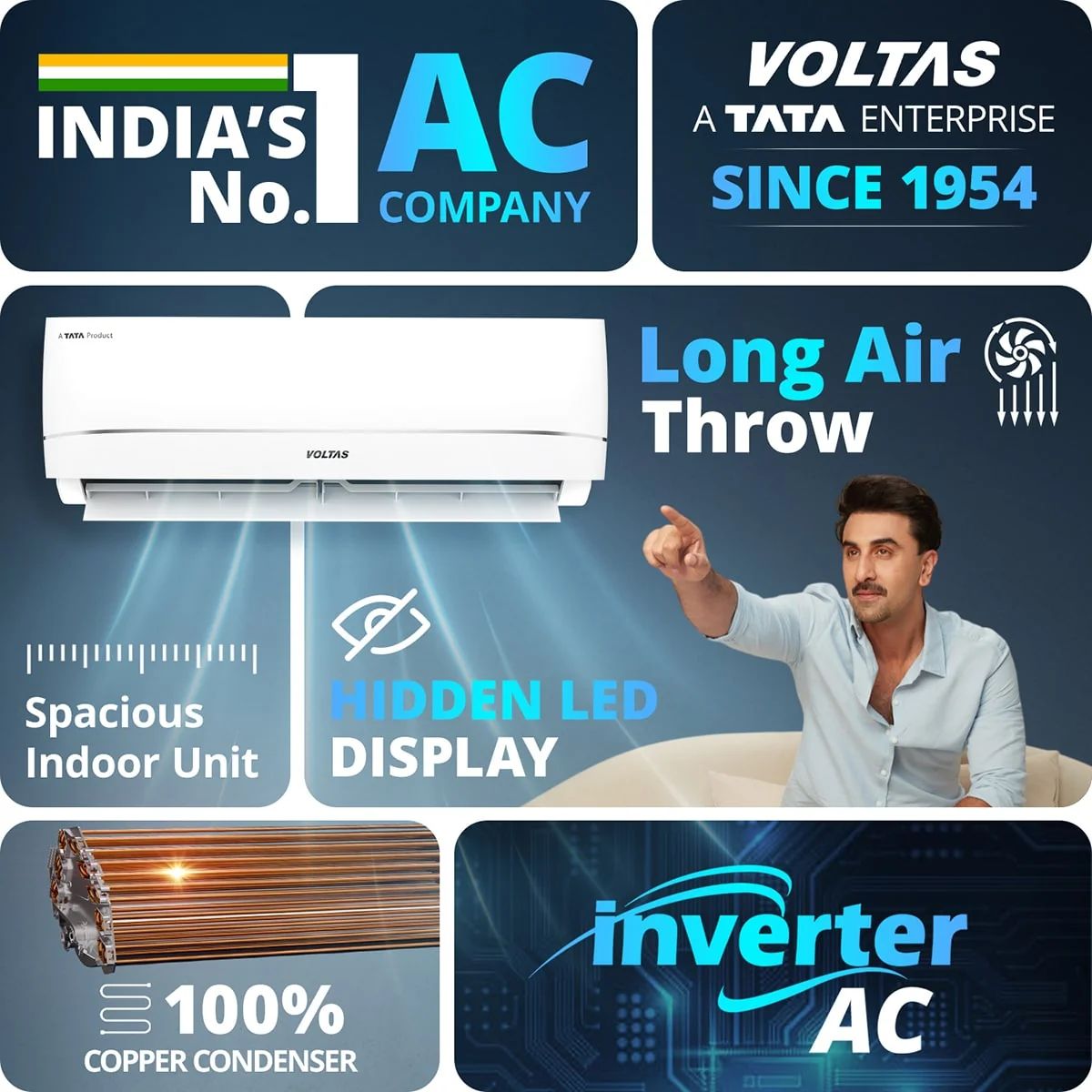 Voltas Vectra 1.5 Ton 3 Star Inverter Split AC (2026) | 183INV | 5000W Cooling | Copper Condenser | 5 Years Comprehensive Warranty